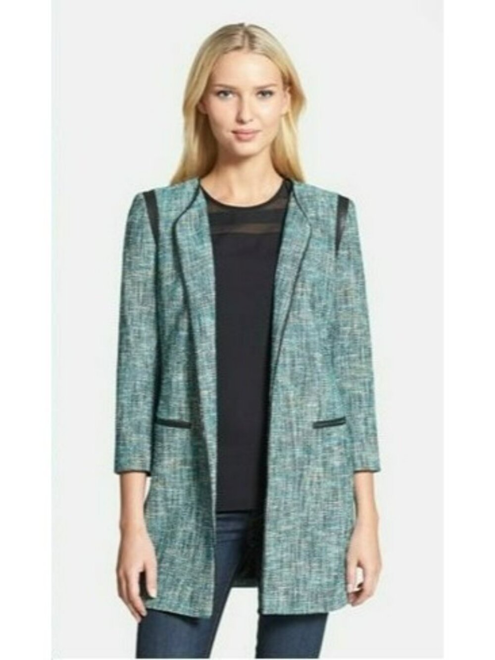 Classiques Entier Teal Tweed Chain Trim Faux Leather Detail Office Career Jacket